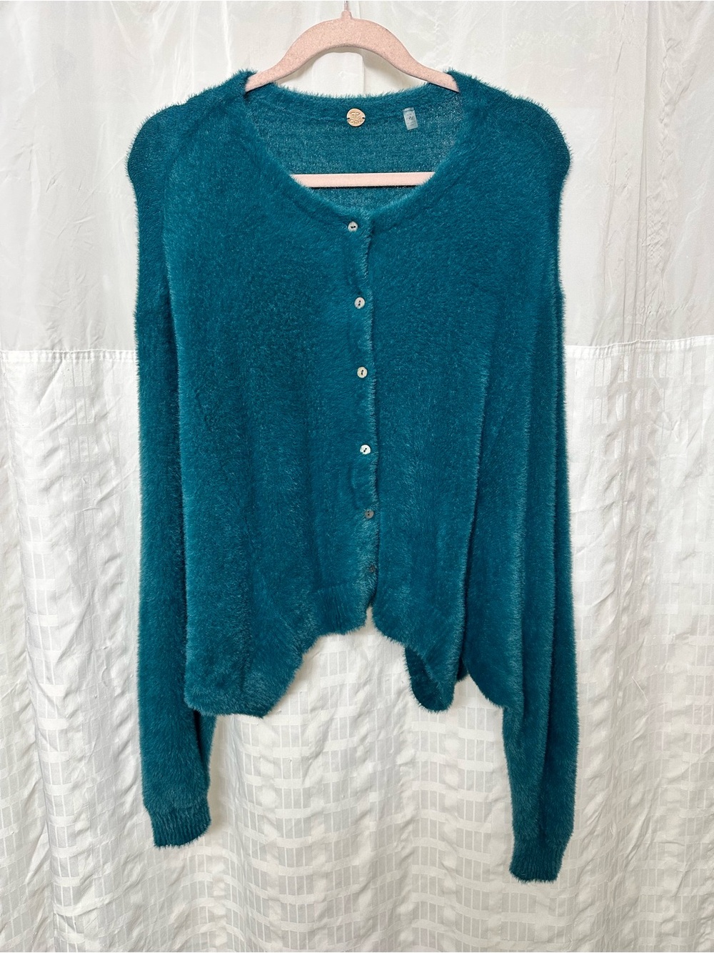FREE PEOPLE Sz M FP ONE WYATT CARDI SOFT FUZZY BUTTON FRONT CARDIGAN TEAL - Picture 5 of 13